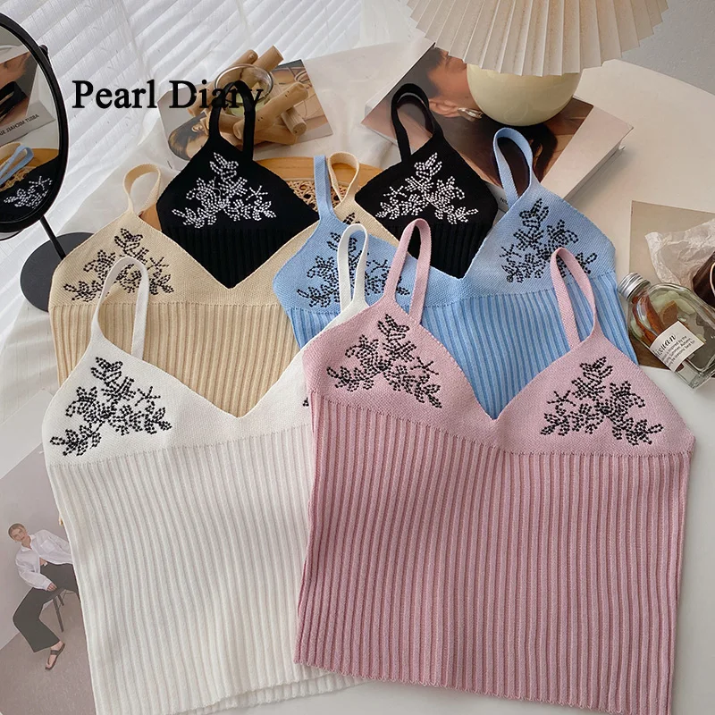 Pearl Diary The Embroidery V-Neck Condole Belt Top Women Spring Summer Korean Style Sexy Slim Basic Show Thin Short Vest Tops