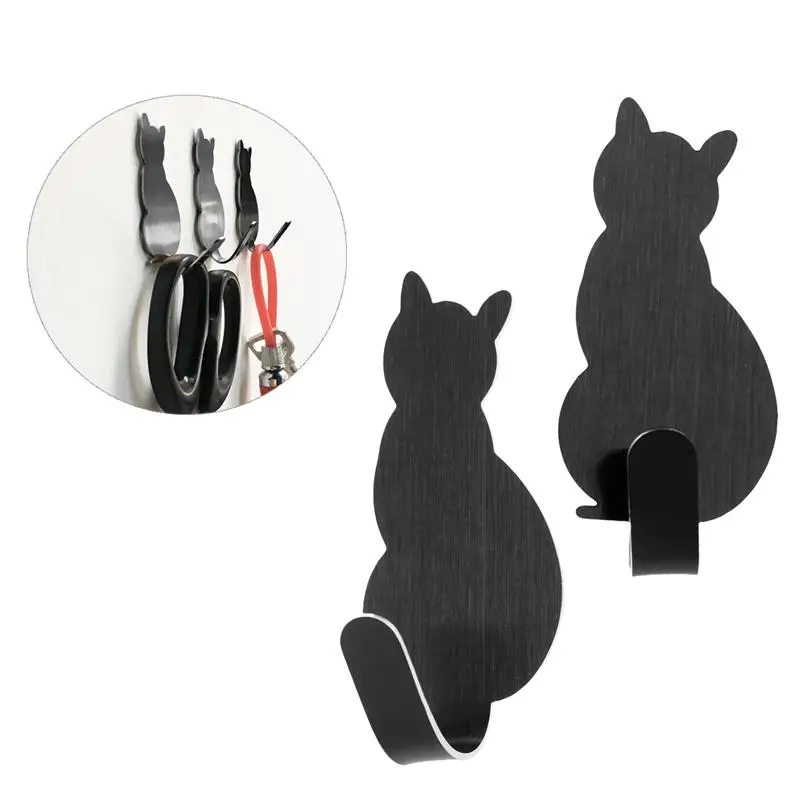 8pcs Creative Wall Mounted Key Hangerss Cat Shaped Nail Free Stainless Steel Hooks Adhesive Towel Coat Wall Mounted Hooks