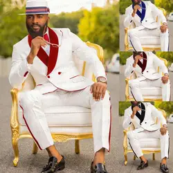 Traje de boda blanco para hombre, chaqueta de doble botonadura de terciopelo rojo con pantalones, esmoquin de fiesta de graduación, esmoquin personalizado, 2 piezas