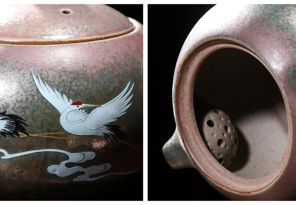 Creative ceramic teapot hand-painted crane rough pottery pot kiln Xishi pot household tea making single pot Kung Fu Tea Set