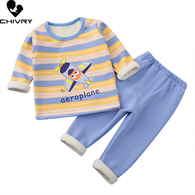 Neue Kinder Jungen Verdicken Warme Pyjama Sets Baby Mädchen Cartoon Druck Oansatz Tops mit Hosen Herbst Winter Schlaf Bekleidung Sets