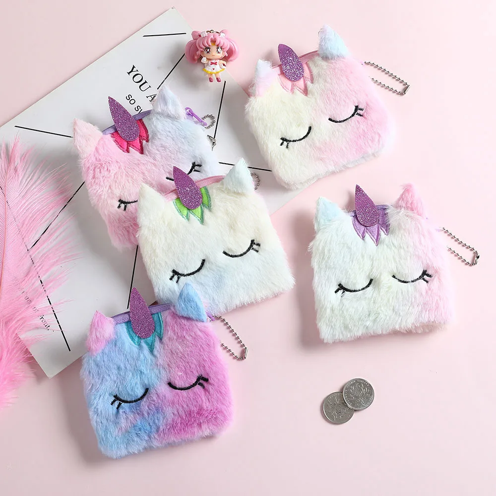 การ์ตูน Plush Unicorn กระเป๋าสตางค์แมวน่ารักขนสัตว์วงกลมกระเป๋าสตางค์ผู้หญิงคลัทช์ปักกระเป๋าหูฟัง Organizer กระเป๋าเด็กของขวัญ