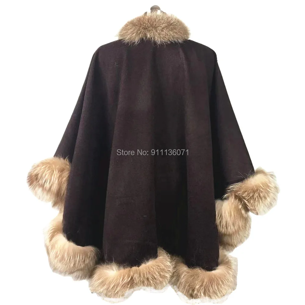 Custom Women Cashmere Cape Poncho With Real Crystal Fox Fur Trim Shawl