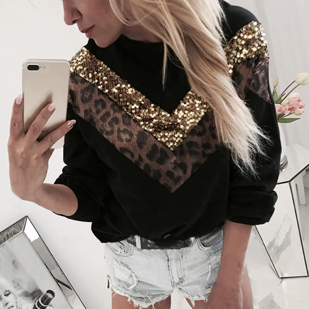 Casual Hoodies Women Leopard Print Sequins Patchwork Pullover Sweatshirt Long Sleeve O-Neck Women Sweatshirt Outerwear