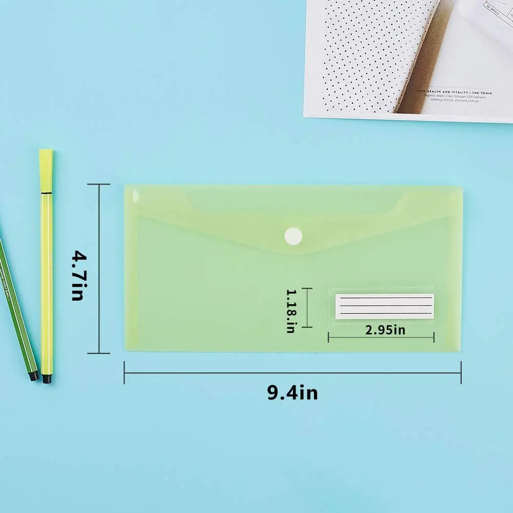 5 Packs A6 Clear Envelopes File Folder Bill Bag Pencil Case with Label Pocket, A6 Envelope File Pouch for School Office Home Use