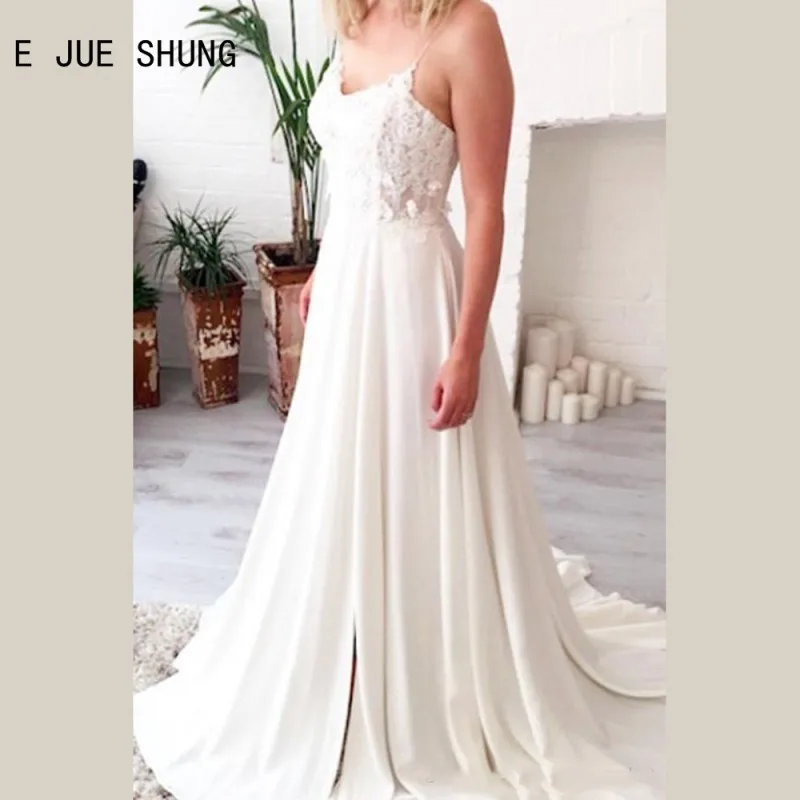 E jue shung simples boho vestidos de casamento sem costas espaguete cinta vestido noiva rendas apliques vestido de noiva a linha vestidos de noiva