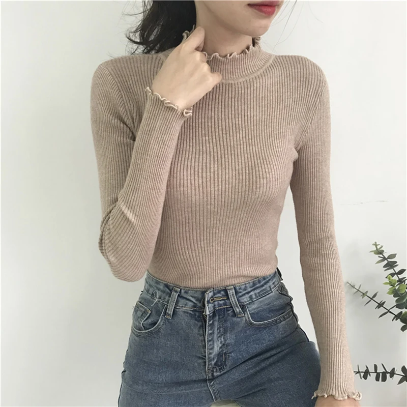 Roll kragen pullover geraffte Frauen pullover hoch elastisch solide 2024 Herbst Winter mode Pullover Frauen schlank sexy Strick pullover rosa weiß