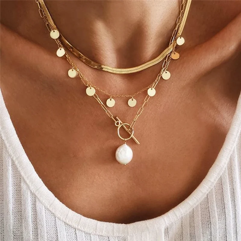 

Bohemian Multilayer Blade Chain Coin Choker Necklace for Women Fashion Imitation Pearl Pendant Necklace 2020 Statement Jewelry