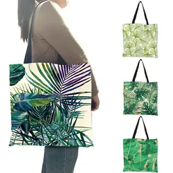 Flesh Style Women Totes Tropical Green Plant Leaves Prints Hand Bags Eco Linen Girls School Office Decorative Shoulder Bag