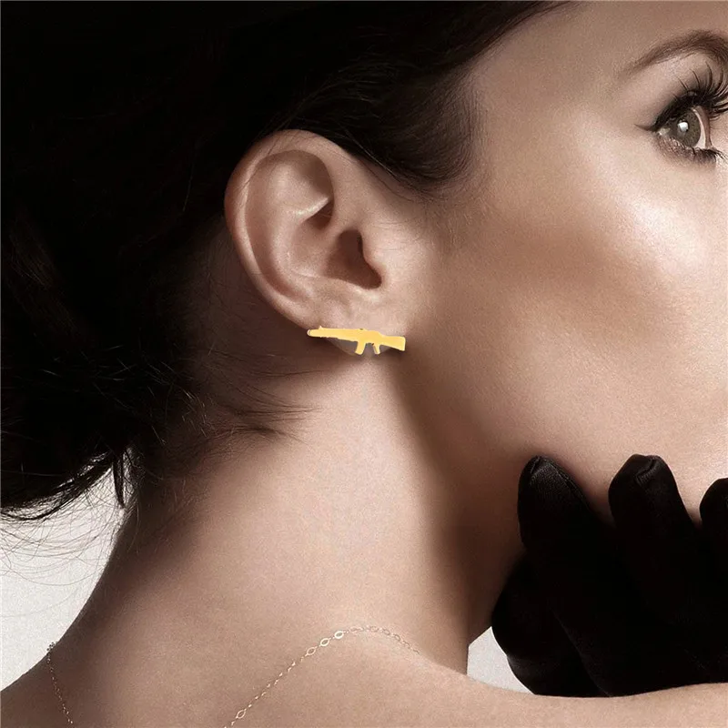Rock Women Men Jewelry AK 47 Rifle Gun Design Stud Earrings For Boys Golden Stainless Steel Earings Wholesale 12 Pairs Pack image 5