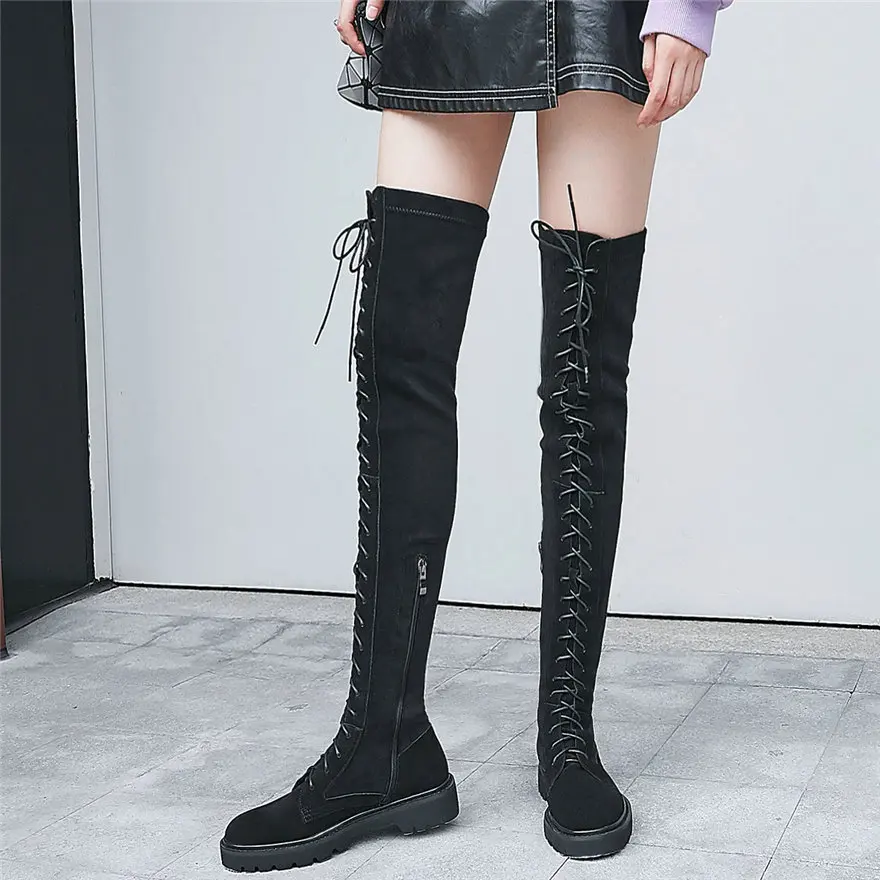 2025 Winter Warm Shoes Women Stretchy Low Heels Over The Knee High Snow Boots Female Lace Up Round Toe Platform Fashion Sneakers