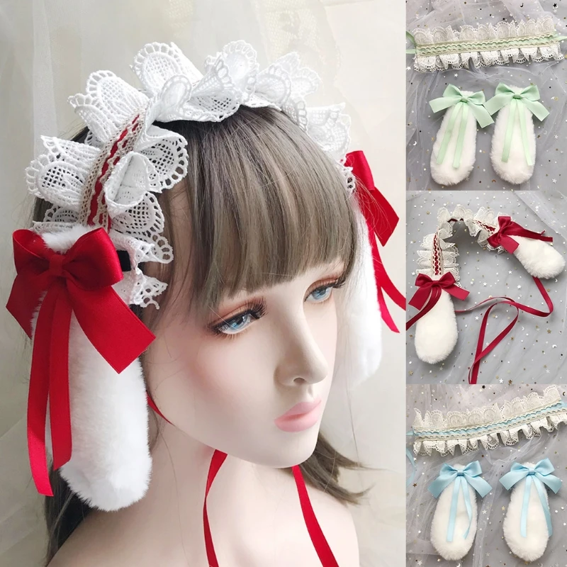 

Lolita Ruffles Lace HeadbandsDetachable Plush Rabbit Ear Hairband Maid Headpiece Anime Cosplay Headband Hair Accessory