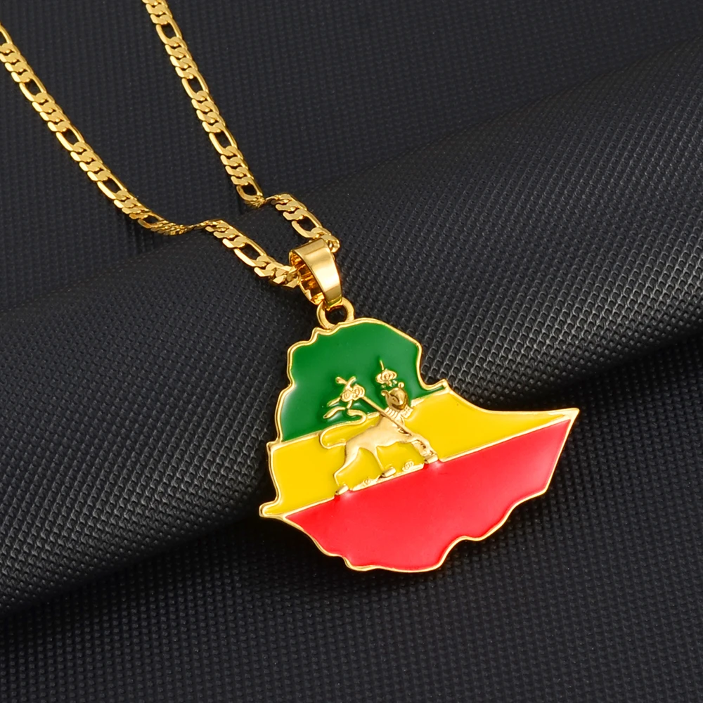 Anniyo 4.7CM Ethiopian Map Flag Pendant Necklace for Women Men Gold Color Ethiopia Jewelry Map Chains @008606