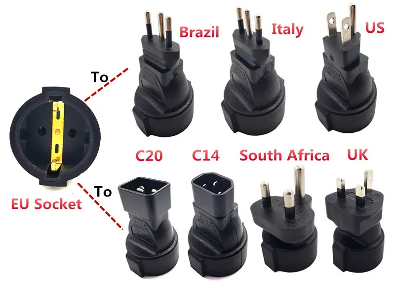 IEC Converter, CEE7/7 European Embedded Plug To British/South Africa/Italy/Brazil/American/IEC320 C14/C20 Converter Power Adapto