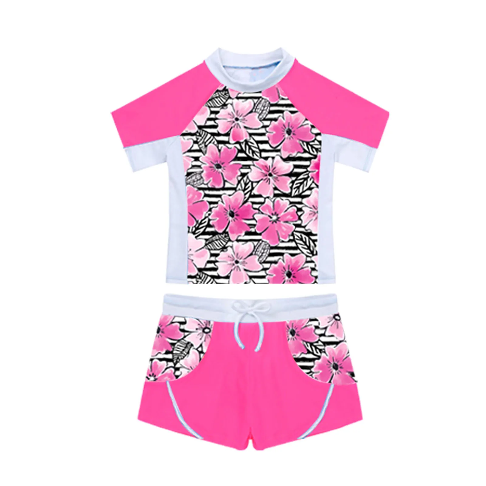 TiaoBug Summer 2Pcs Kids Girls Flower Print Swimsuit Round Neck Short Sleeves Top And Boyshorts Swimwear Beach Bathing Pool Suit