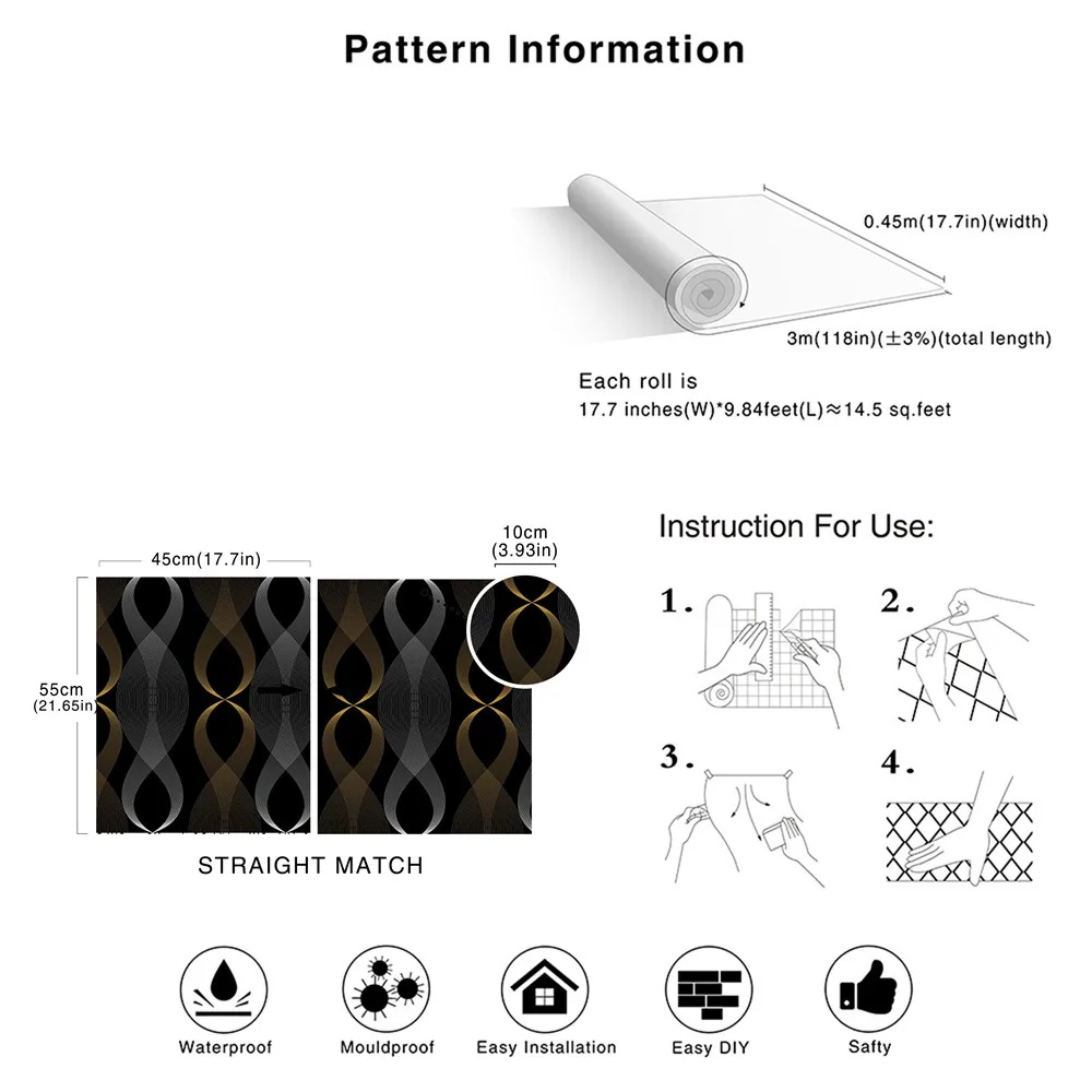 Vinyl Schwarz Selbst-Klebe Tapeten Geometrische Schälen Und Stick Tapete Moderne Streifen Silber/Gold Aufkleber Schlafzimmer Wohnkultur