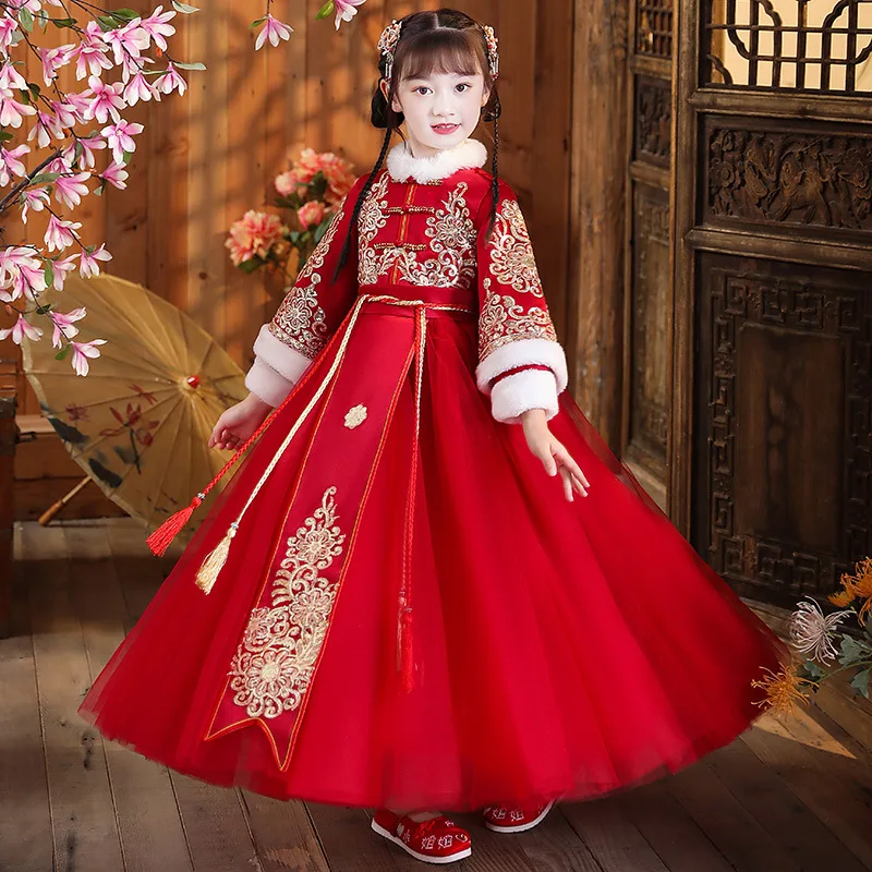 Winter Chinesische Stickerei Traditionellen Dick Und Stepp Kinder Alte Hanfu Mädchen Neue Jahr Outfits Kinder Durchführen Kostüme