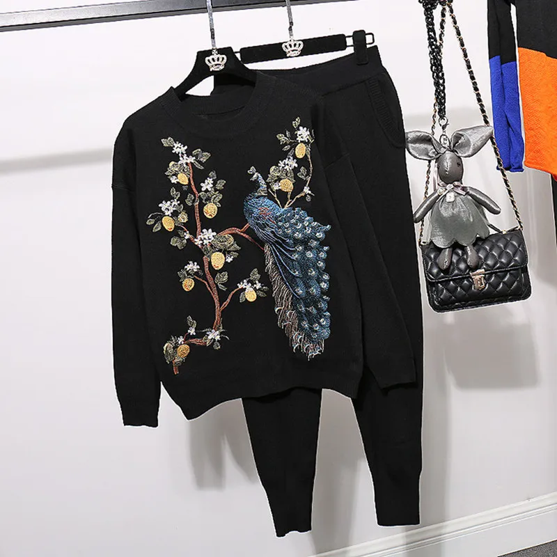 Casual Tracksuit Knitted Set Women Sequins Phoenix Pattern Sweater Long Pants Two Piece Set Female Loose Black Knitting Outfits