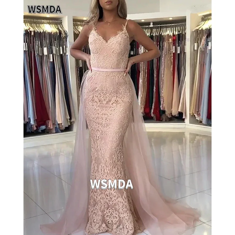 

Sexy Spaghetti Straps Lace Formal Evening Dress Zipper Detachable Train Mermaid Prom Gown with Sash 2 in 1 Long Dress