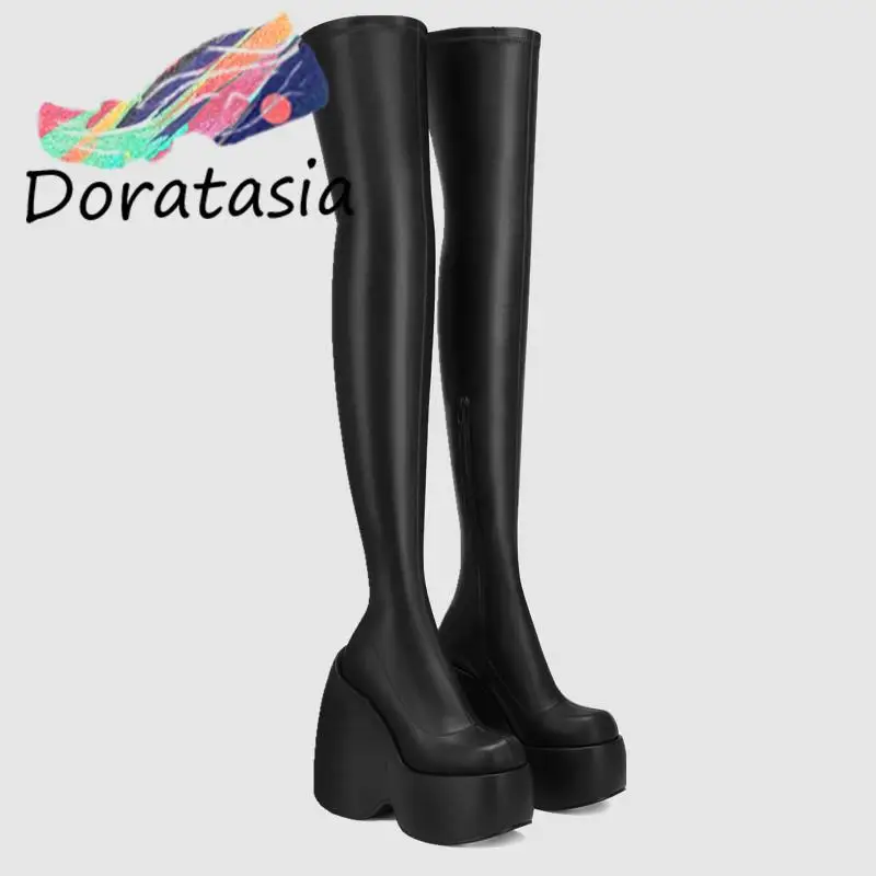 DORATASIA Female Motorcycle Boots High Wedges Black Zipper Platform Thigh High Boots INS Brand Cool Fashion Punk Gothic Shoes