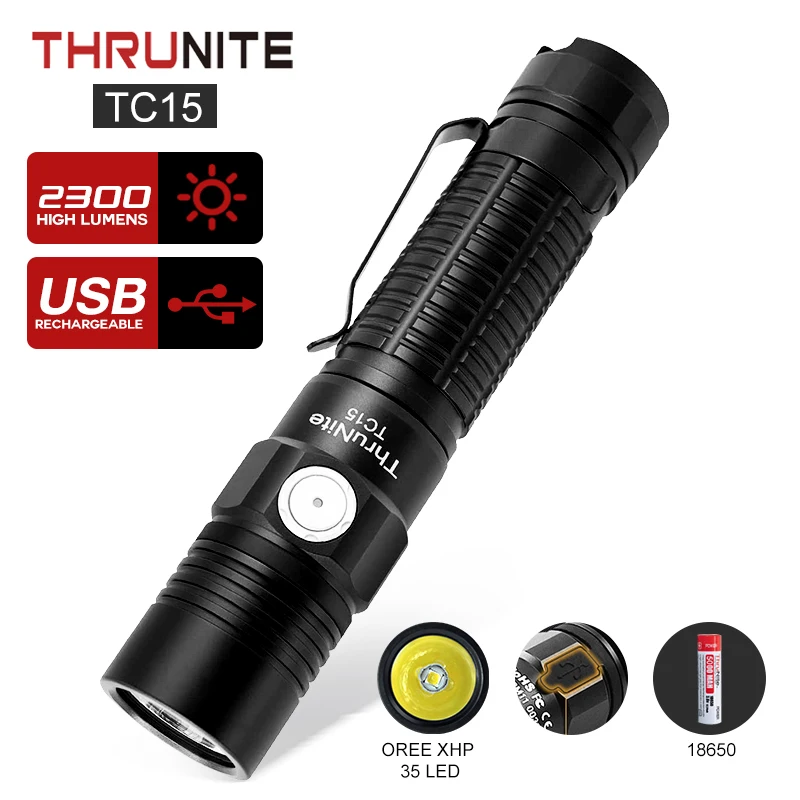 ThruNite TC15 2300 High Lumens Customized Version With External Handheld Flashlight USB Rechargeable IMR 18650 Battery Original