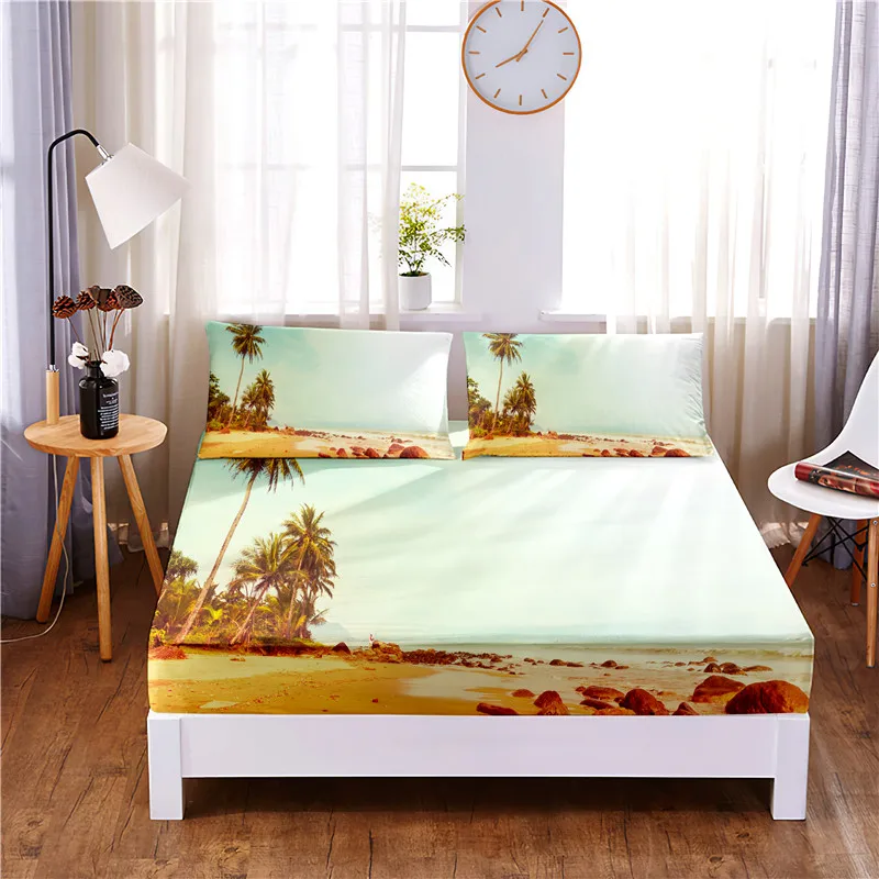 Beach Digital Printed 3pc Polyester  Fitted Sheet Mattress Cover Four Corners with Elastic Band Bed Sheet Pillowcases