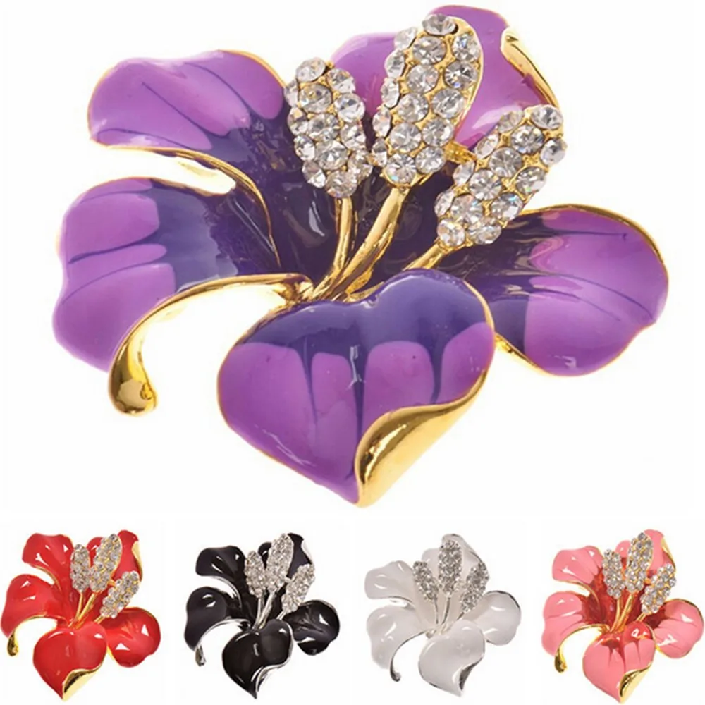 Fashion Flowers Enamel Pin Brooch Rhinestone Crystal Lily Flower Brooches for Women Wedding Party Women Accessories