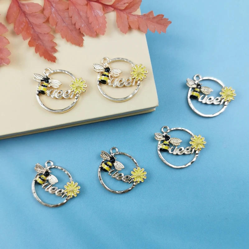 

10PCS Alloy Enamel Bee Charms Daisy Flower Animal Round Pendants Necklace Earrings Jewelry DIY Accessory Craft Making