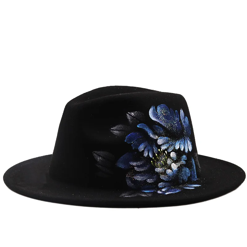 

luxury Black Fedora Ladies Vintage Felt Hat Women Flowers Style Large Brim Tweed Autumn Winter Jazz Cap