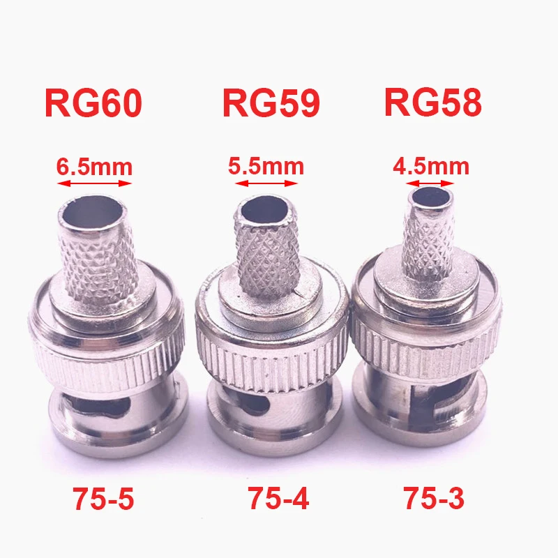 10Pcs Brass 3 in 1 BNC Male Q9 Crimp RG58 RG59 RG60 RG142 RG400 LMR195 RF Coax Cable Straight Connector for CCTV Cameras