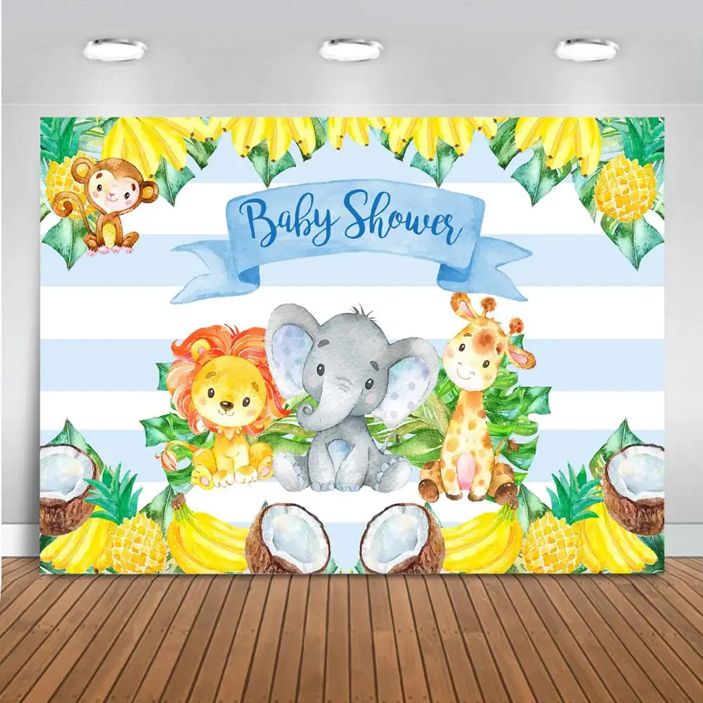 사파리 베이비 샤워 배경 사파리 동물과 과일 배경 소년 베이비 샤워 파티 장식 배너