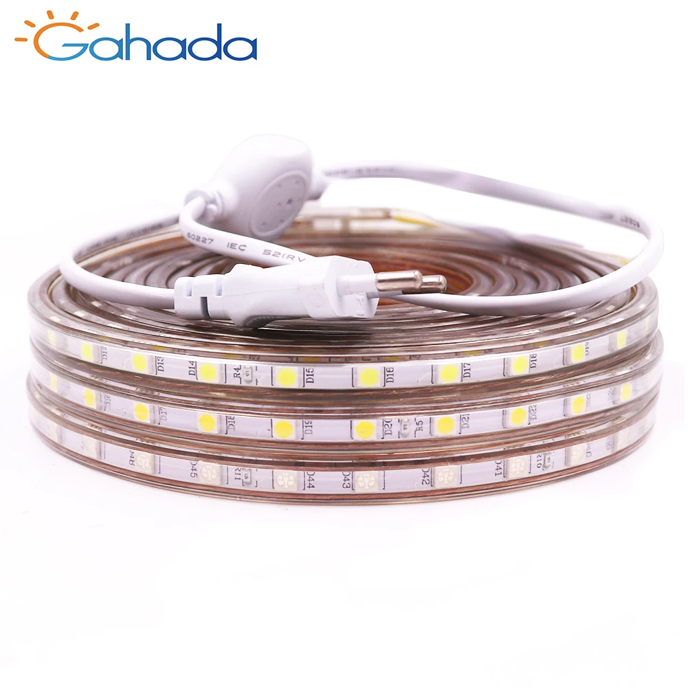 

5050 LED Strip Light Waterproof 220V Flexible Light Ribbon Tape with EU Power Plug Warm White Blue LED Tape for Bedroom Kitchen