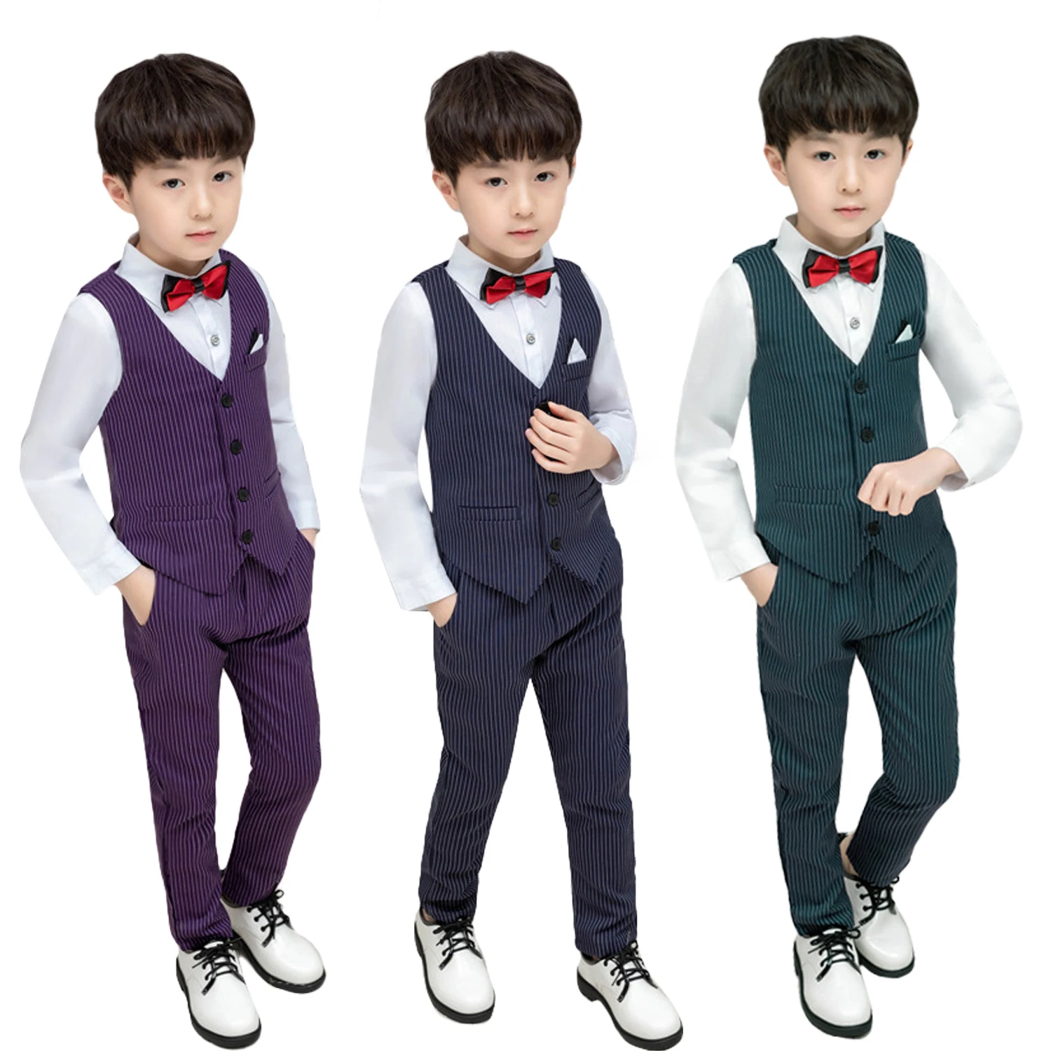 

Kids Boy 4PCs (Vest+Pants+ Tshirt+Bow Tie) Stripe Gentleman Formal Suit Children Birthday Party Wedding Piano Competition Wear