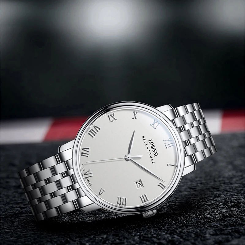 LOBINNI лучший бренд, классические автоматические механические часы из нержавеющей стали, мужские ультратонкие аналоговые водонепроницаемые часы с белым циферблатом