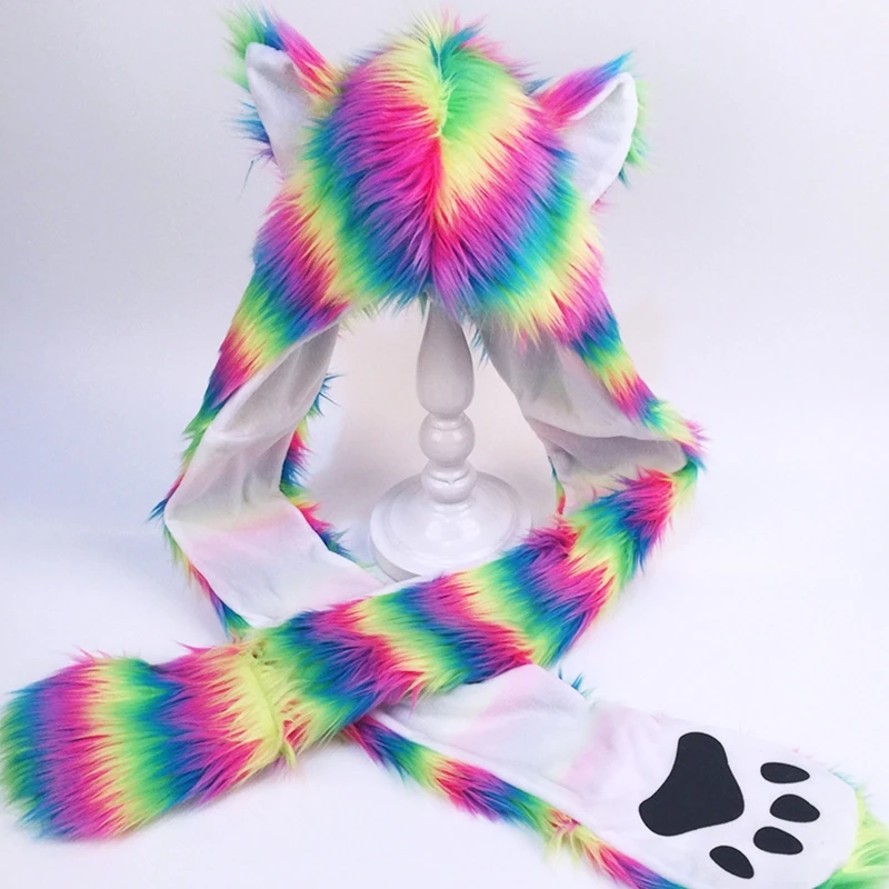 Women Rainbow Stripes Furry Animal Hoodie Hat Plush Ears Paws 3 In 1 Multifunctional Earflap Scarf Gloves Hat Earmuff