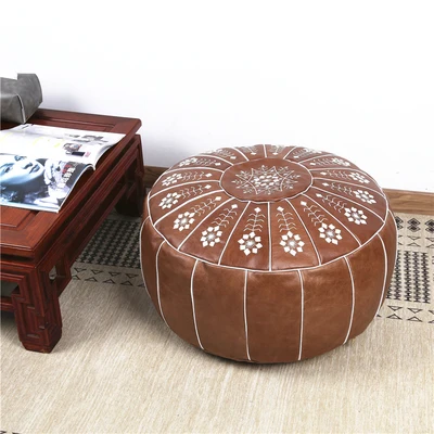 Real First Layer Leather Handmade Morocco Pouf Home Decoration Seat Pillow Cushion Without Core Removable Round Cushion Case
