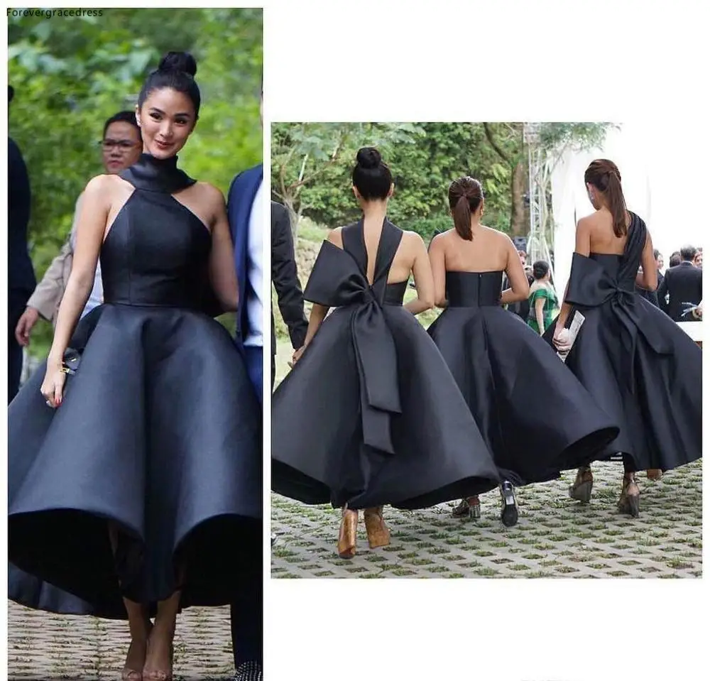 

Black Elegant Bridesmaid Dress Cheap Halter Satin Garden Arabic Formal Wedding Party Guest Maid of Honor Gown Plus Size