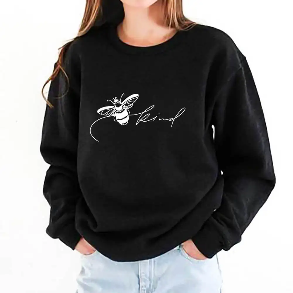 Bee Kind Be Kind 100%Cotton Printed Women's Sweatshirts Bees Sweatshirts Kindness Casual O-Neck Pullovers Long Sleeve Tops