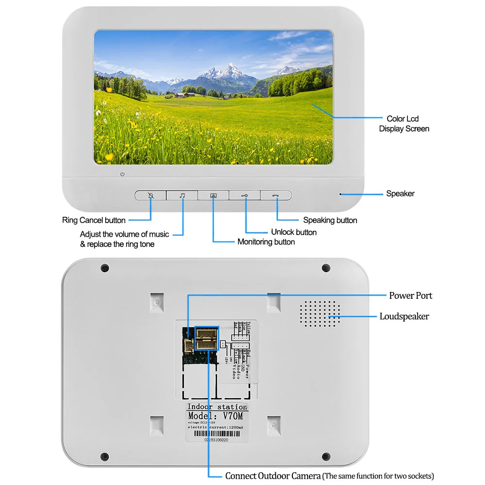 Wired Video Doorbell Intercom System 7 inch Color Monitor Panel with Night Vision Video Camera Door Phone Two-way Audio Home Use