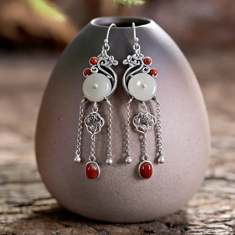 

S925 sterling silver natural Hetian jade white jade peace buckle South red high-end female earrings free shipping