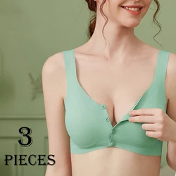 3pcs/set Plus Size Front Button Breathable Pure Color Latex Bra No Steel Ring Comfortable Pregnant Mother's Vest-style Underwear