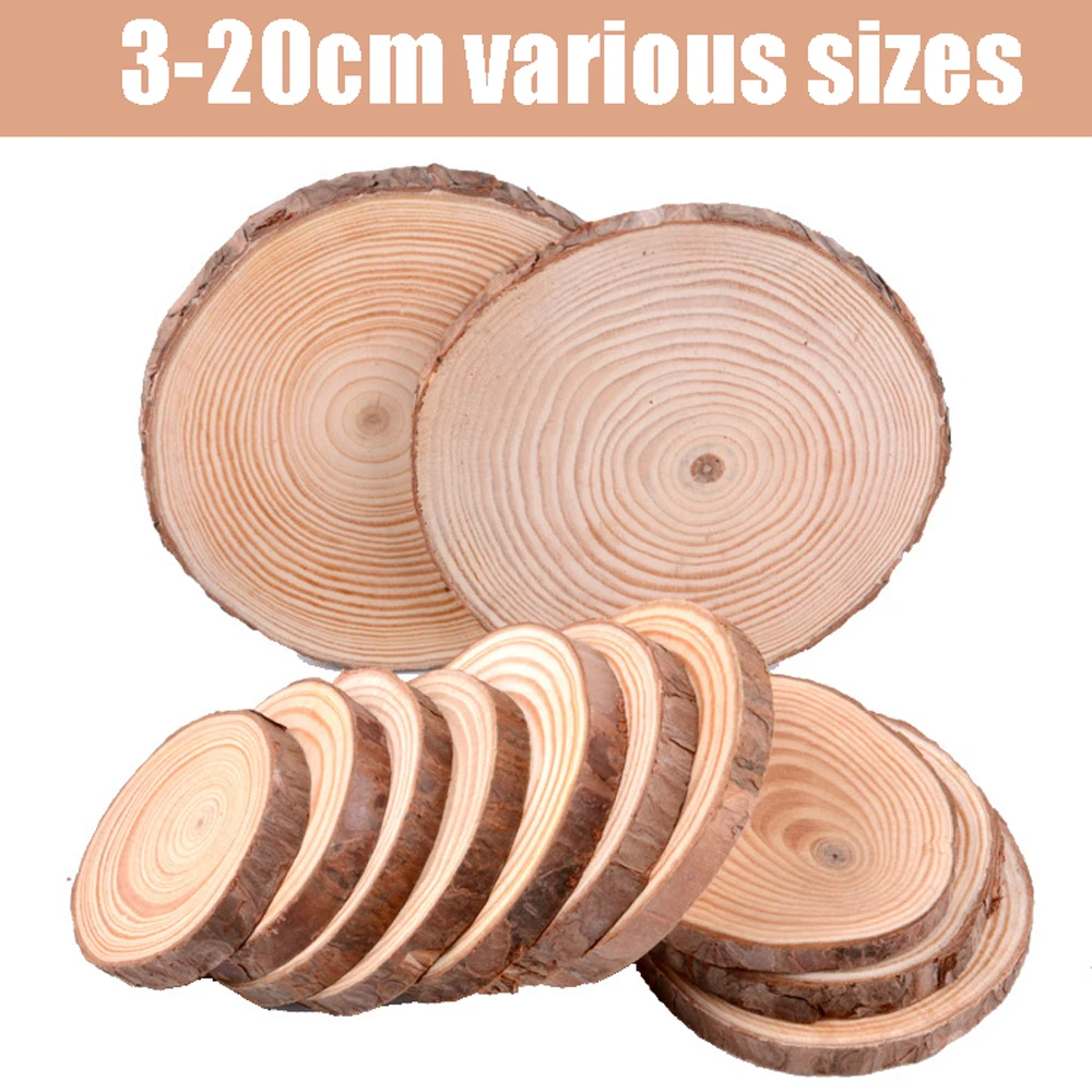 3-20cm Wood Natural Pine Round Unfinished Wood Slices Circles With Tree Bark Log Discs DIY Crafts Wedding Party Painting