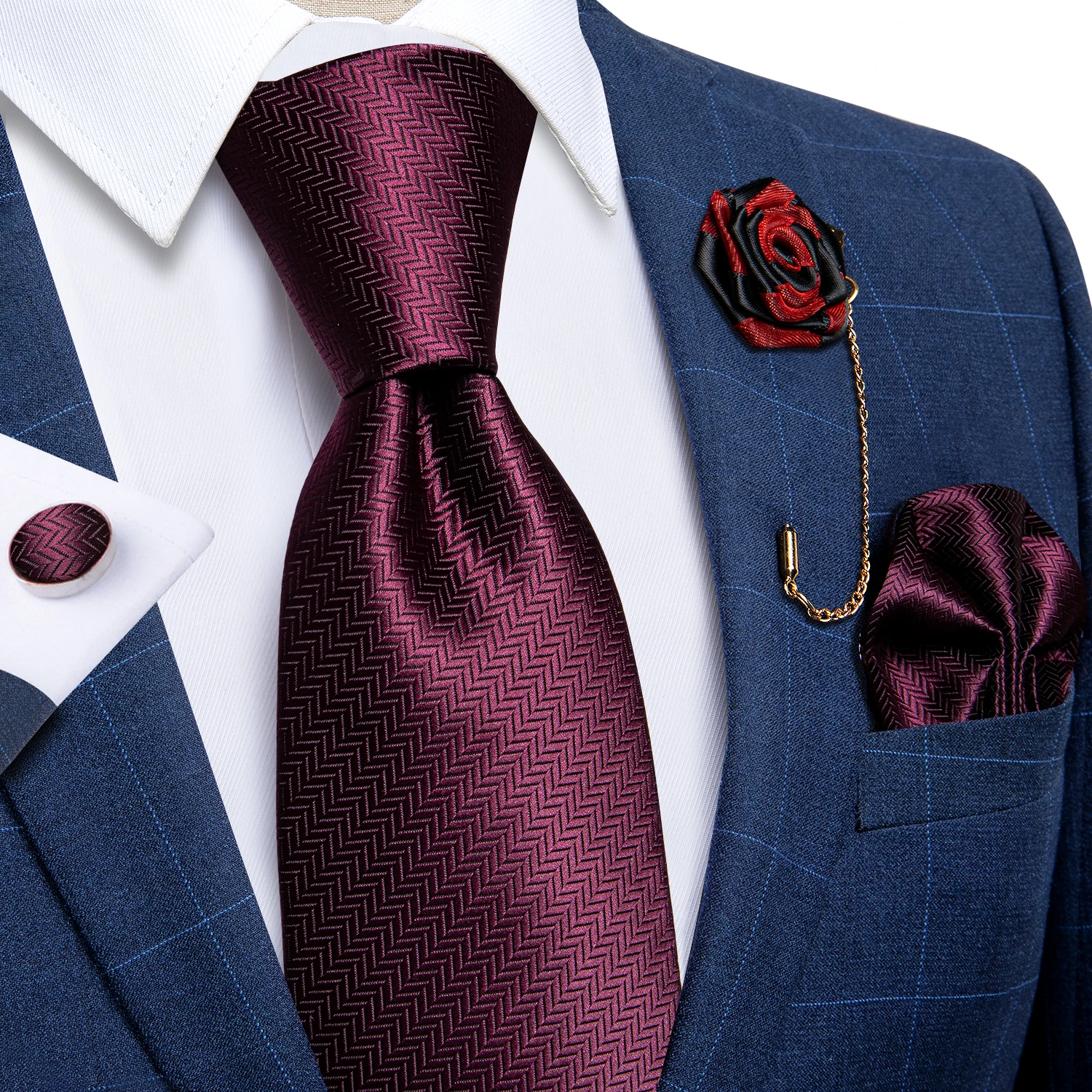 Blaue silberne Paisley-Krawatten für Herren, luxuriöses 8 cm breites Set mit Krawatte, Einstecktuch, Manschettenknöpfen, Brosche, Weihnachtsgeschenke für Männer – Detail 22