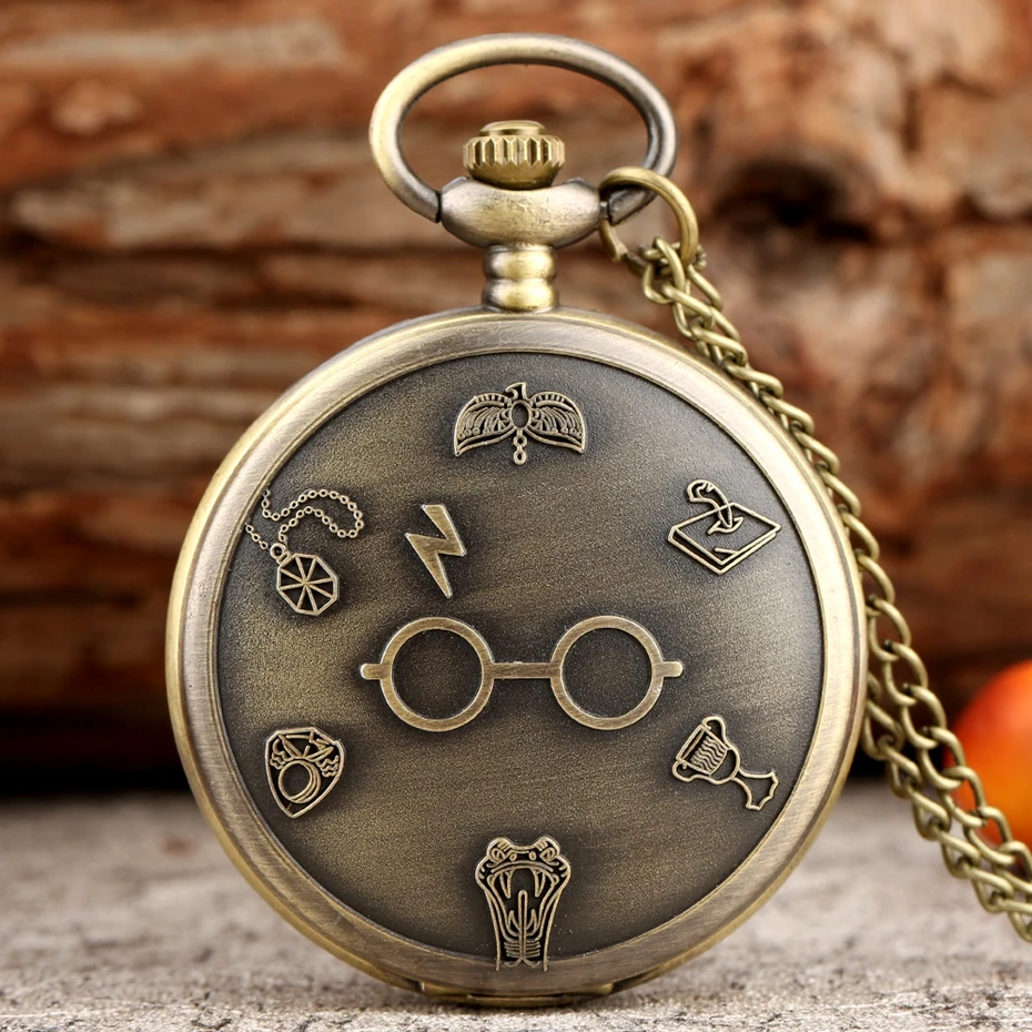 Retro Bronze Harajuku Clock Lightning Glasses Quartz Pocket Watch Necklace Flash Glasses Graphic Pendant Chain Art Antique Gifts