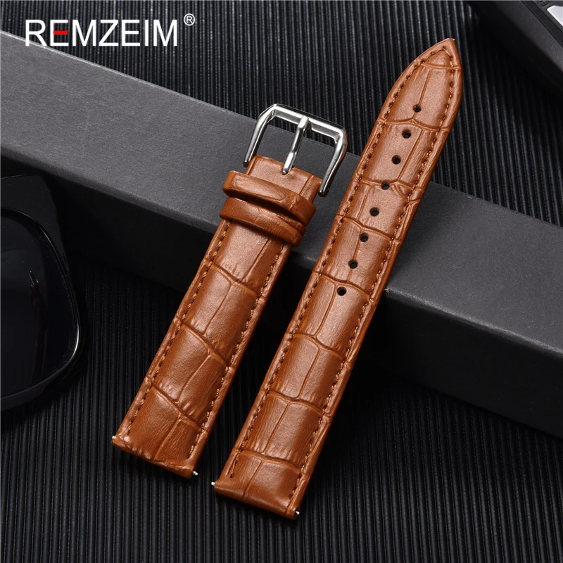 REMZEIM Calfskin Leather Watchband Universal Watch Band Wrist Strap 16mm 18mm 20mm 22mm 24mm With Silver Stainless Steel Buckle