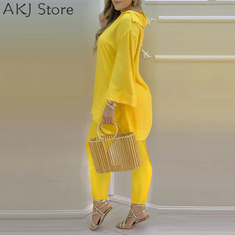 Summer Casaul Women Home Wear Solid Suit Sets Long Sleeve Plain Bell Sleeve V-Neck Top & Pants Set