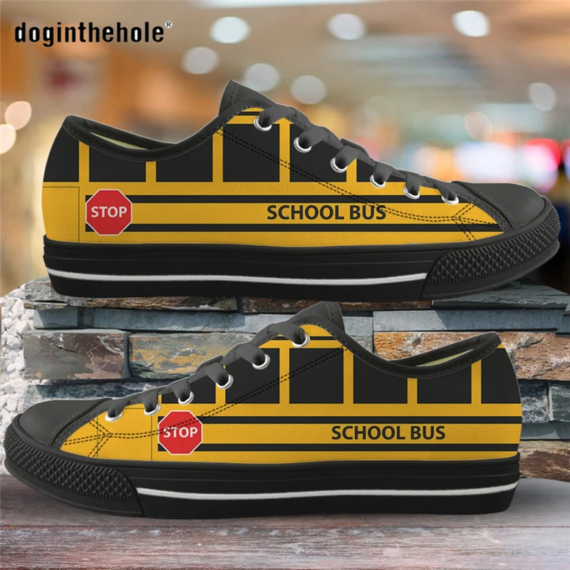 Doginthehole Yellow School Bus Printed Ladies Shoes Casual Canvas Footwear for Female Low Top Sneakers for Women Vulcanized Girl