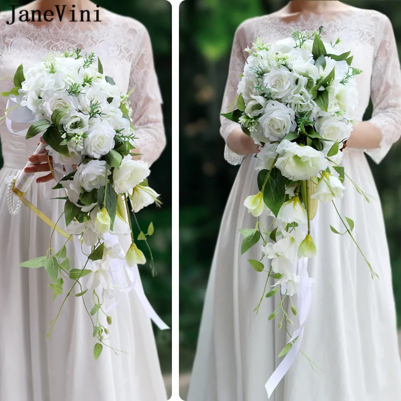 

JaneVini Western Style White Bridal Bouquet Waterfall Wedding Bouquets Rose Artificielle Green Leaves Brides Bouquet Cascade