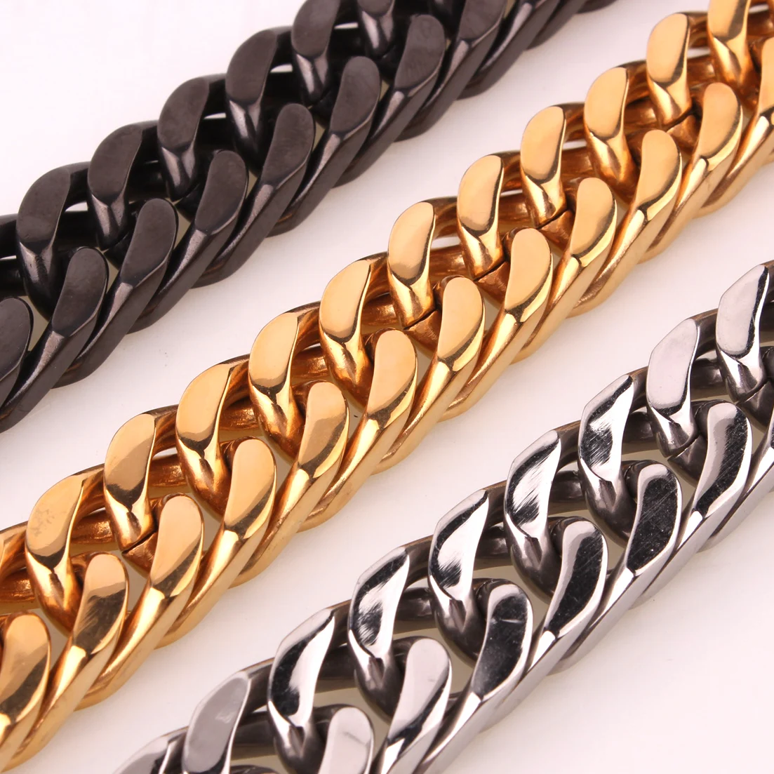 

Fashion Men's Silver Color/Gold Tone/Black Color Stainless Steel Curb Cuban Link Chain Necklace for Women Jewelry 15mm 7-40inch