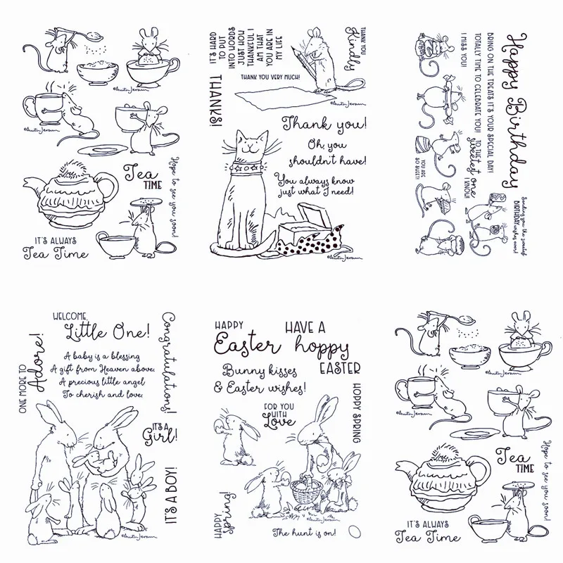 Adorable Mice Bunny Family Clear Stamp Happy Easter Tea Time Fun Transparent /Seal for DIY Scrapbooking Album Decorative Card